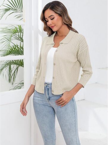 النساء الصيف غير الرسمي Cardigan 3/4 كم 2025 زر خفيف الوزن أسفل طوق البالير جوفاء خارج كارديجان in Saudi Arabia
