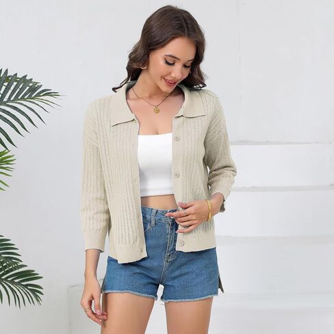 النساء الصيف غير الرسمي Cardigan 3/4 كم 2025 زر خفيف الوزن أسفل طوق البالير جوفاء خارج كارديجان in Saudi Arabia