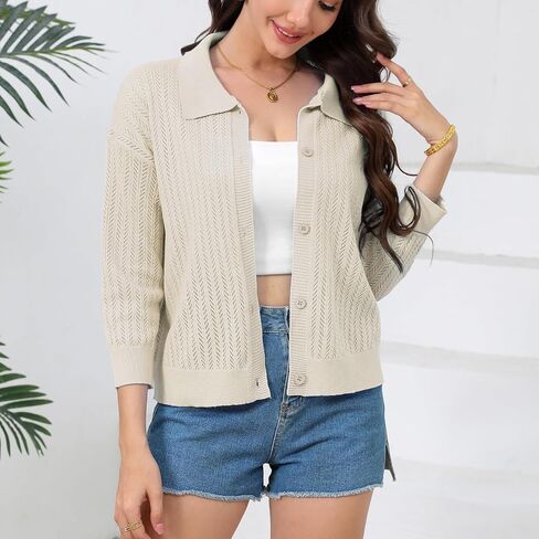 النساء الصيف غير الرسمي Cardigan 3/4 كم 2025 زر خفيف الوزن أسفل طوق البالير جوفاء خارج كارديجان in Saudi Arabia