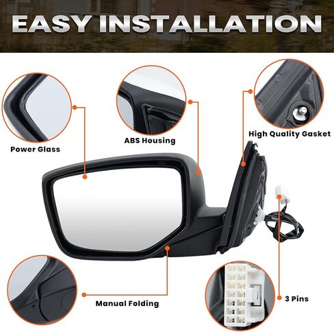 Right Passenger Side Mirror Compatible with Honda Accord Sedan/Coupe 2013 2014 2015 2016 2017 Power Glass Manual Folding Non-Heated Door View Mirrors Replace #76208T2FA11 3 Pins Paintable (Black) in Kuwait