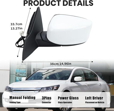 Right Passenger Side Mirror Compatible with Honda Accord Sedan/Coupe 2013 2014 2015 2016 2017 Power Glass Manual Folding Non-Heated Door View Mirrors Replace #76208T2FA11 3 Pins Paintable (Black) in Kuwait
