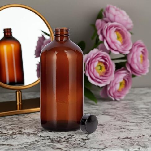 JUVITUS 16 oz Amber Glass Boston Round Bottle with Airtight Black Phenolic Cap (2 Pack) in Saudi Arabia