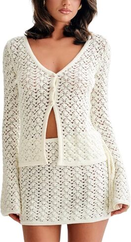 VOIKERDR White Cover Up Crochet Sets Two Piece Women Skirt Set Summer Beach Coverup in Kuwait