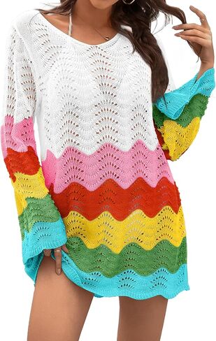 BB&KK Womens Crochet Swimsuit Cover Up Long Sleeve Summer Bathing Suit Color Block Bikini Mesh Knit Swimwear Beach Dress 2025 in Kuwait