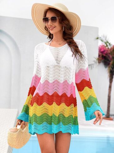 BB&KK Womens Crochet Swimsuit Cover Up Long Sleeve Summer Bathing Suit Color Block Bikini Mesh Knit Swimwear Beach Dress 2025 in Kuwait