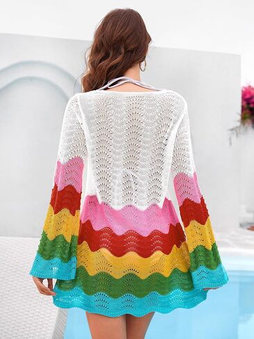 BB&KK Womens Crochet Swimsuit Cover Up Long Sleeve Summer Bathing Suit Color Block Bikini Mesh Knit Swimwear Beach Dress 2025 in Kuwait