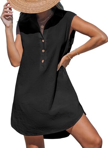 Cupshe Womens Swimeveless Swimsuit Coverup Cotton Collared v Neck Beach Cove Ups Summer Mini Dress in Saudi Arabia