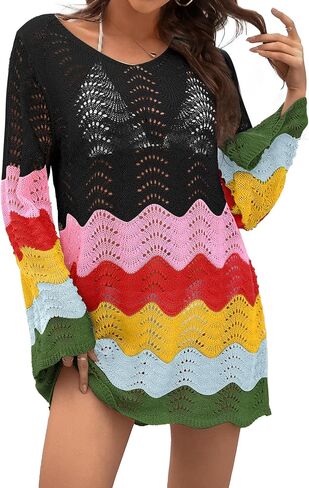 BB&KK Womens Crochet Swimsuit Cover Up Long Sleeve Summer Bathing Suit Color Block Bikini Mesh Knit Swimwear Beach Dress 2025 in Kuwait