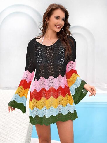 BB&KK Womens Crochet Swimsuit Cover Up Long Sleeve Summer Bathing Suit Color Block Bikini Mesh Knit Swimwear Beach Dress 2025 in Kuwait