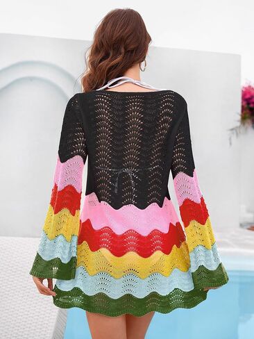 BB&KK Womens Crochet Swimsuit Cover Up Long Sleeve Summer Bathing Suit Color Block Bikini Mesh Knit Swimwear Beach Dress 2025 in Kuwait