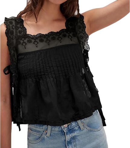 Women Lace Trim Side Tie Tank Top Y2k Sleeveless Flowy Ruffle Cute Summer Clothes Teen Girls in Saudi Arabia
