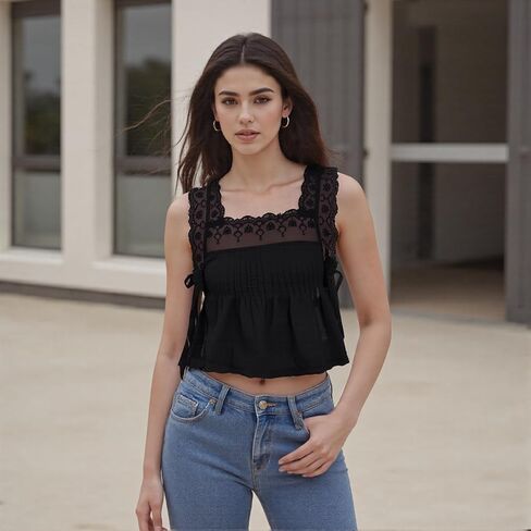 Women Lace Trim Side Tie Tank Top Y2k Sleeveless Flowy Ruffle Cute Summer Clothes Teen Girls in Saudi Arabia