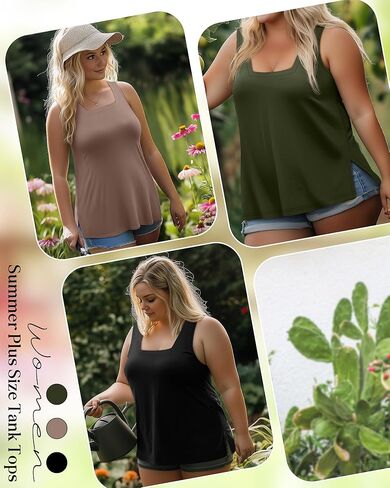 3 Pack Summer Plus Size Tank Tops for Women Sleeveless Tunic Shirts Square Neck Tops Side Slits 1X-5X in Kuwait
