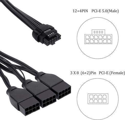 كابل تمديد PCI-e 5.0، 16 دبوس (12+4) ذكر إلى PCIE 3x8Pin(6+2) كابل تمديد أنثى، كابل 12VHPWR 16AWG متوافق مع GPU RTX 3090Ti 4070Ti 4080 4090 مصدر طاقة بطاقة الرسومات (30 سم) (أسود) in Saudi Arabia