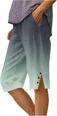 Bermuda Shorts for Women Knee Length Cotton Linen Shorts Casual Elastic Waisted Wide Leg Shorts Summer Beach Outfits in Kuwait
