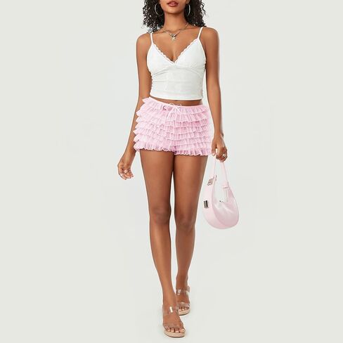 Women Y2k Lace Ruffle Layered Micro Shorts Cute Sweet Lolita Tiered Bloomer Shorts Fairy Going Out Short Pettipants in Kuwait