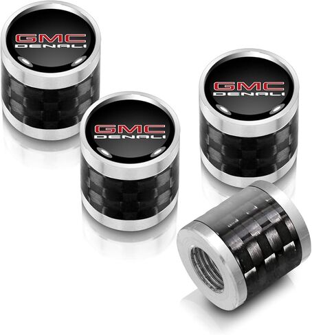 for GMC Denali Nameplate on Real Carbon Fiber Barrel Black Aluminum Tire Valve Stem Caps (Black/Silver) in Saudi Arabia
