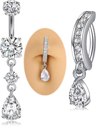 MODRSA Dangle Belly Button Ring Dangling Silver Dangly Belly Piercing Jewelry Hypoallergenic Surgical Steel Navel Rings for Women Clicker Navel Piercings 2pcs in Saudi Arabia