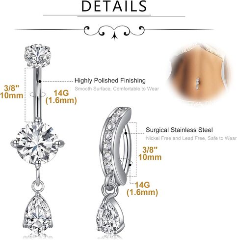 MODRSA Dangle Belly Button Ring Dangling Silver Dangly Belly Piercing Jewelry Hypoallergenic Surgical Steel Navel Rings for Women Clicker Navel Piercings 2pcs in Saudi Arabia