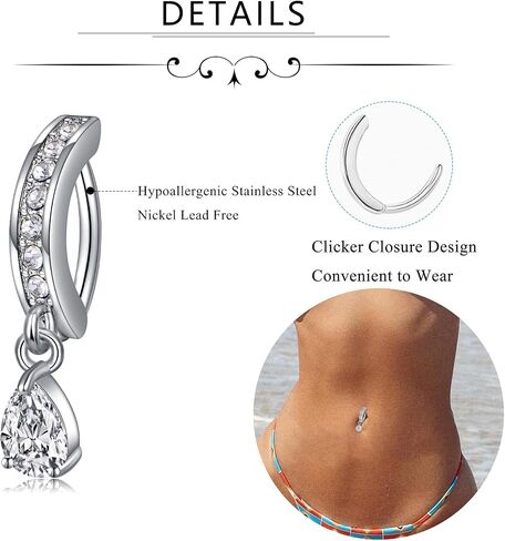 MODRSA Dangle Belly Button Ring Dangling Silver Dangly Belly Piercing Jewelry Hypoallergenic Surgical Steel Navel Rings for Women Clicker Navel Piercings 2pcs in Saudi Arabia