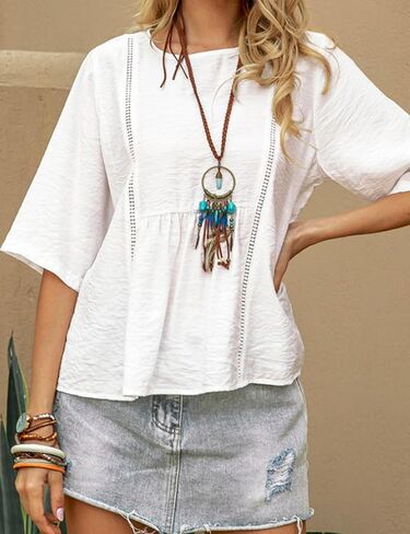Womens Summer Cotton Linen Half Sleeve Shirt Crewneck Loose Fit Solid Oversized Basic Tee Blouse Tops in Kuwait