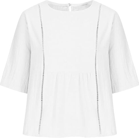 Womens Summer Cotton Linen Half Sleeve Shirt Crewneck Loose Fit Solid Oversized Basic Tee Blouse Tops in Kuwait