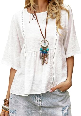 Womens Summer Cotton Linen Half Sleeve Shirt Crewneck Loose Fit Solid Oversized Basic Tee Blouse Tops in Kuwait