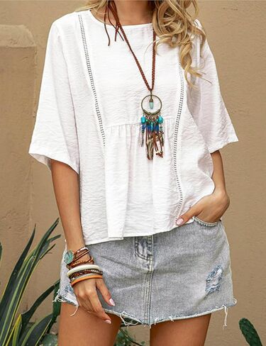 Womens Summer Cotton Linen Half Sleeve Shirt Crewneck Loose Fit Solid Oversized Basic Tee Blouse Tops in Kuwait