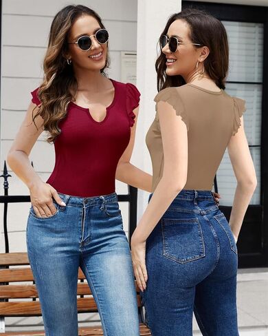 Necooer Womens Fashion Summer Tops Ruffle Sleeve Knit Ribbed Stretch Slim Fitted Shirts V Neck Blouse for Women in Kuwait