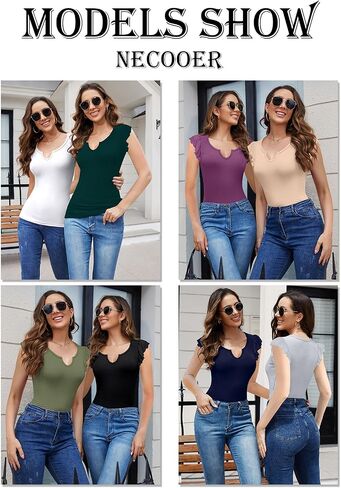 Necooer Womens Fashion Summer Tops Ruffle Sleeve Knit Ribbed Stretch Slim Fitted Shirts V Neck Blouse for Women in Kuwait