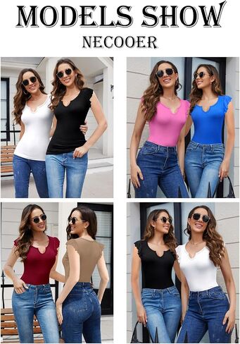Necooer Womens Fashion Summer Tops Ruffle Sleeve Knit Ribbed Stretch Slim Fitted Shirts V Neck Blouse for Women in Kuwait