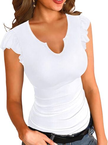 Necooer Womens Fashion Summer Tops Ruffle Sleeve Knit Ribbed Stretch Slim Fitted Shirts V Neck Blouse for Women in Kuwait