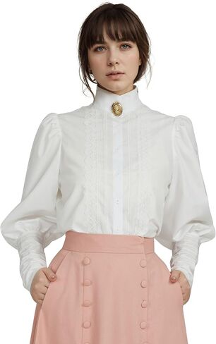 Victorian Blouse Women Puff Sleeve Blouse Button Down Ruffle Dressy Shirts Tops in Saudi Arabia
