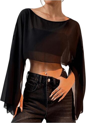 Women's Y2K Blouse Sheer Flowy Tops Crop Blouses Dressy Poncho Tops Boat Neck Long Sleeve Loose Chiffon Shirts in Kuwait