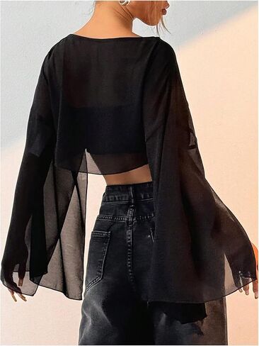 Women's Y2K Blouse Sheer Flowy Tops Crop Blouses Dressy Poncho Tops Boat Neck Long Sleeve Loose Chiffon Shirts in Kuwait