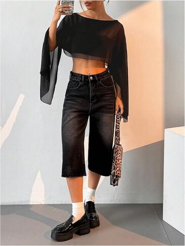 Women's Y2K Blouse Sheer Flowy Tops Crop Blouses Dressy Poncho Tops Boat Neck Long Sleeve Loose Chiffon Shirts in Kuwait