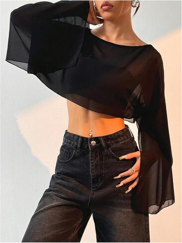 Women's Y2K Blouse Sheer Flowy Tops Crop Blouses Dressy Poncho Tops Boat Neck Long Sleeve Loose Chiffon Shirts in Kuwait