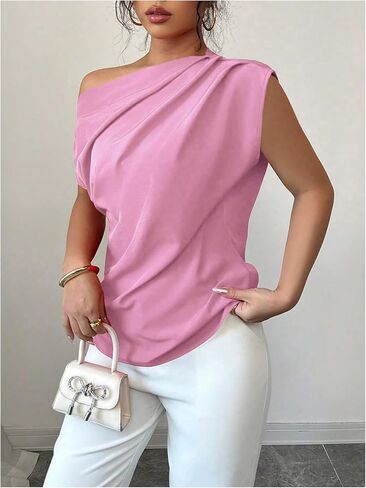 SOLY HUX Women's Blouse Ruched Off The Shoulder Short Sleeve Asymmetric Neck Summer Tops in Saudi Arabia