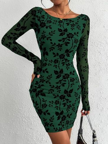 Prettygarden نساء 2025 Fall Bodycon Mini Dresses Long Sleeve Mesh Slim Floral Wedding Guest Cocktail Press in Saudi Arabia