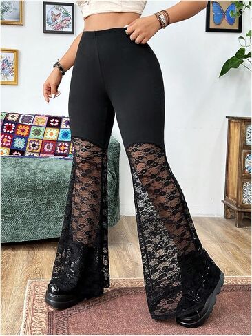 Verdusa Women's Plus Size Floral Lace Sheer Bell Bottom Pants Rave High Rise Long Flare Pants in Saudi Arabia