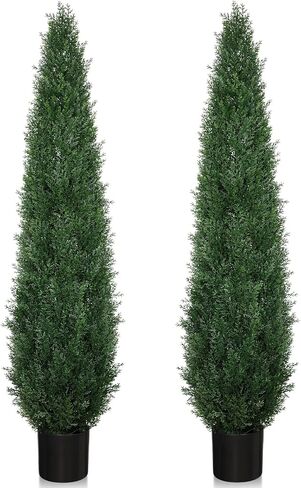 5FT Artificial Plants Outdoor, UV Resistant Cedar Topiary Trees, Potted Artificial Outdoor Trees & Shrubs, Front Porch Decor Fake Plants for Entryway, Balcony, Yard, Reception (Set of 2) in Kuwait