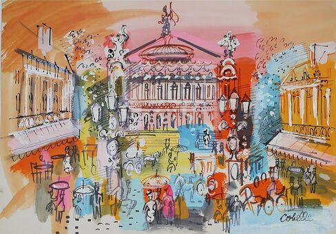 Charles Cobelle, City Plaza Acrylic on Paper, signed lower right in Saudi Arabia