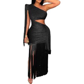 Famnbro Womens Fringe Dress One Shoulder Sleeveless Cutout Bodycon Sexy Cocktail Wedding Party Maxi Dresses in Kuwait