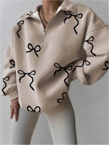 Women's Bowknot Quarter Zip Pullover Sweatshirts Graphic Long Sweve switshirs in Saudi Arabia