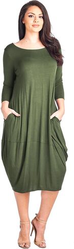 Plus Size Solid 3/4 Sleeve Bubble Hem Pocket Midi Dress - Made in USA in Kuwait