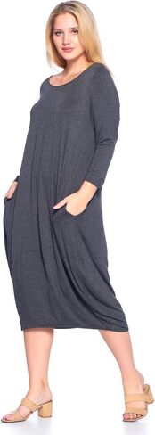 Plus Size Solid 3/4 Sleeve Bubble Hem Pocket Midi Dress - Made in USA in Kuwait