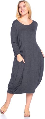 Plus Size Solid 3/4 Sleeve Bubble Hem Pocket Midi Dress - Made in USA in Kuwait
