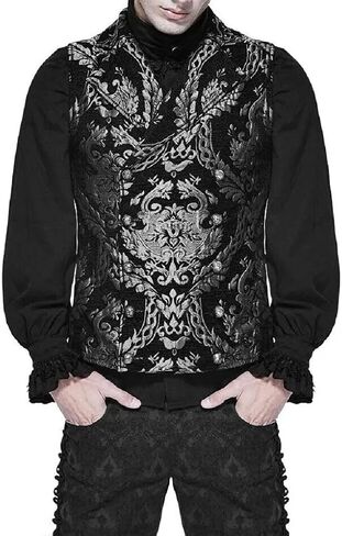 الجودة الجودة الجودة الفيكتورية Steampunk Edwardian Western Cavalier Weistcoat Vest Brocade Silver Black Gothic Men's Men in Saudi Arabia