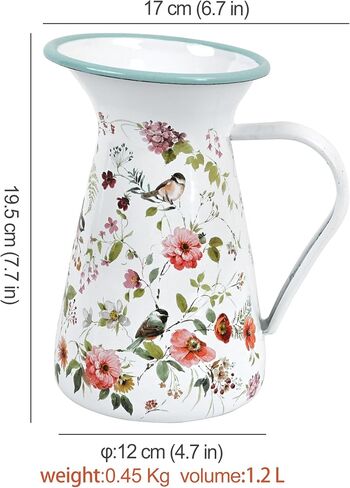 Enamel Pitcher with Wide Handle and Green Rim Rustic Enamelware Pitcher Vase Flower and Bird Pattern Farmhouse Metal Pitcher Vintage Decor in Kuwait