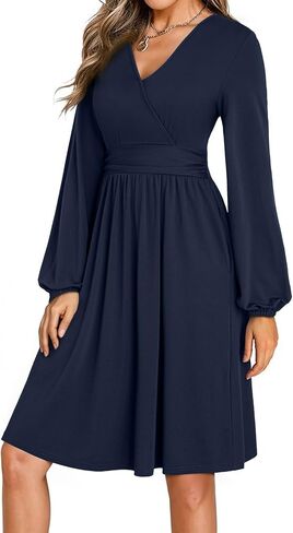 Dokotoo Womens Dresses Wrap V-Neck Empire Waist Long Sleeve A-Line Mini Dress with Pockets in Saudi Arabia